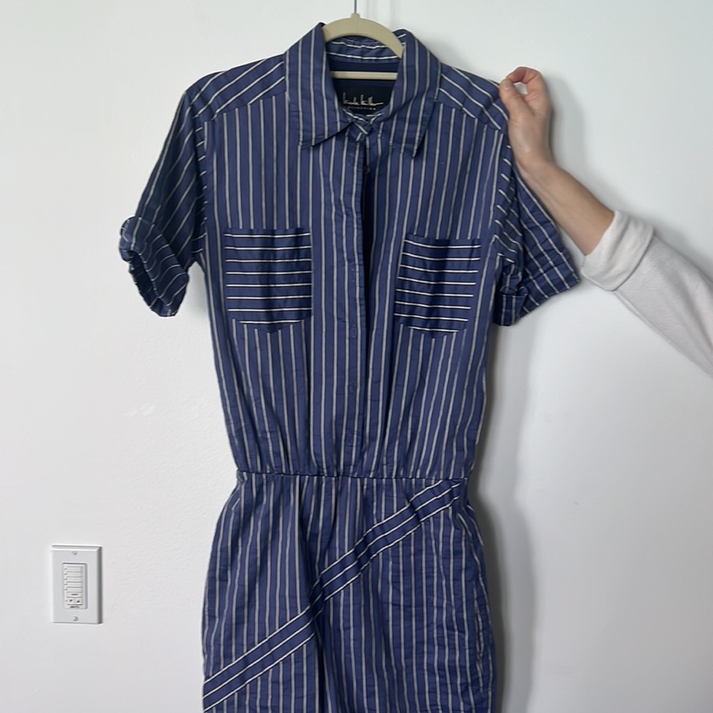 Nicole Miller blue/white striped cotton dress size medium elastic waist band